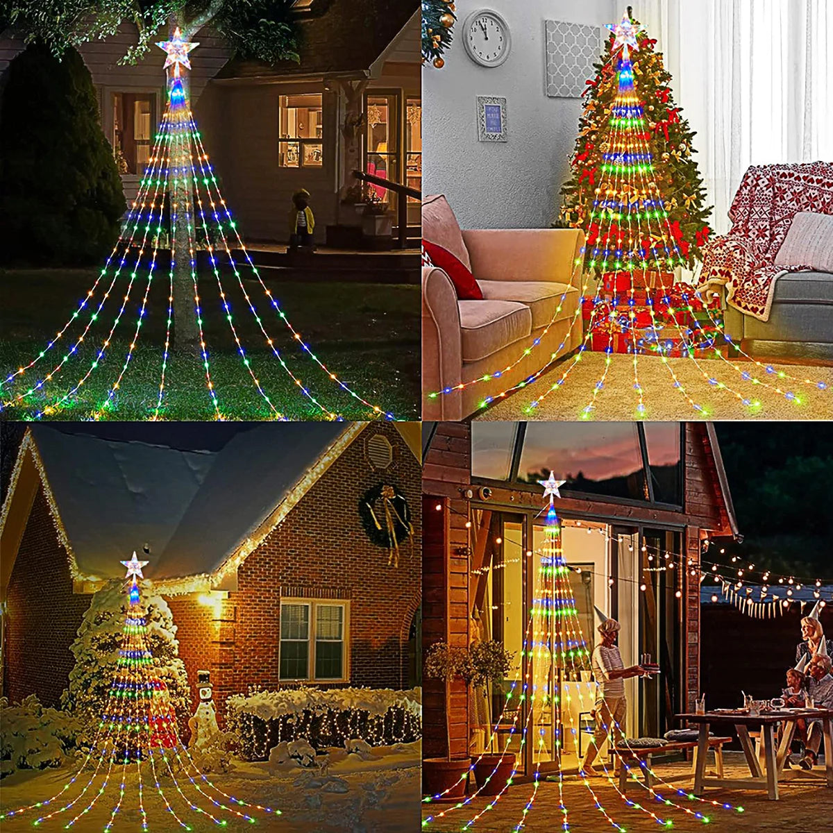 Pentagram LED Waterfall String Lights - USB-Powered Star Top Christmas Tree
