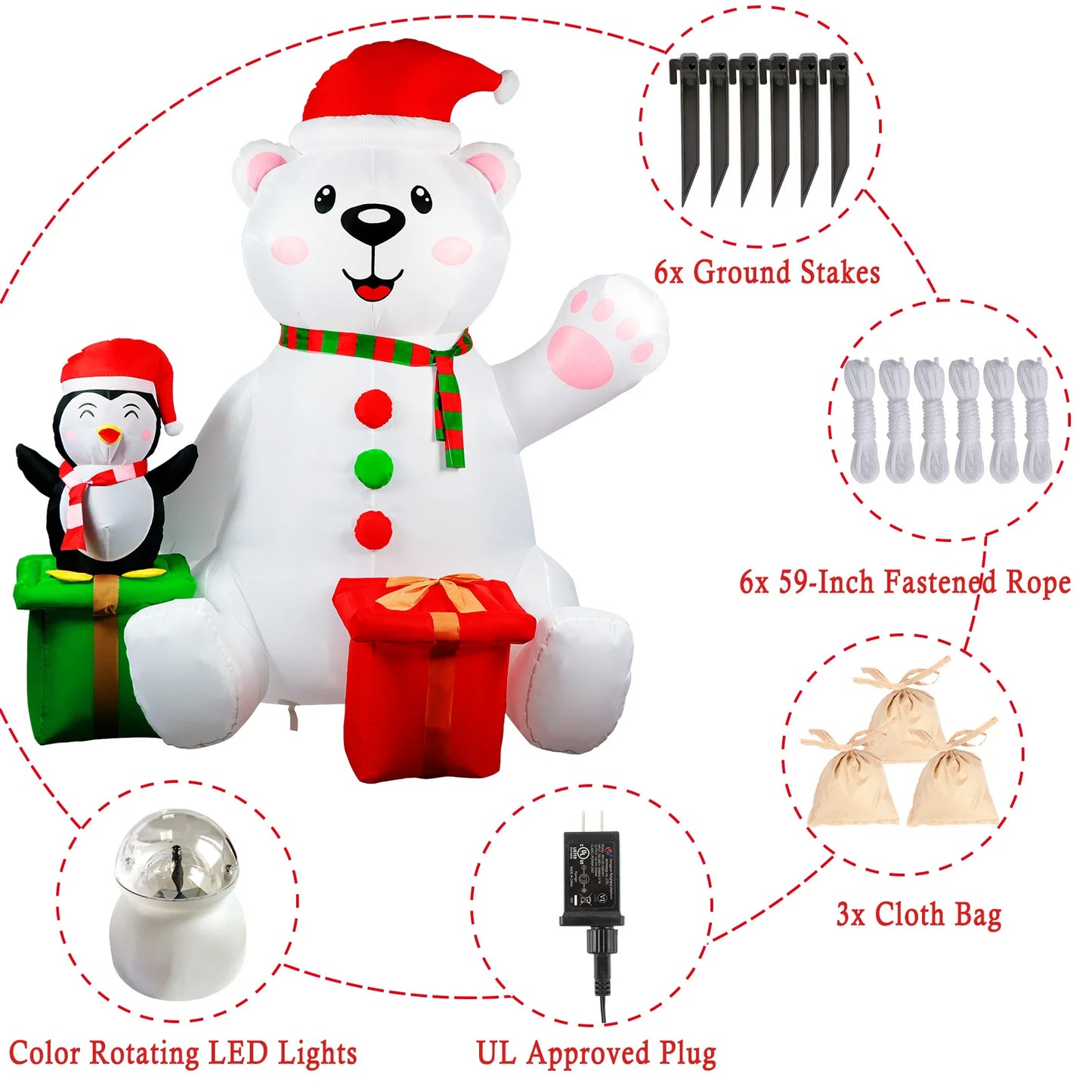 6FT Inflatable Polar Bear & Penguin with Gifts - LED-Lit Outdoor Blow-Up