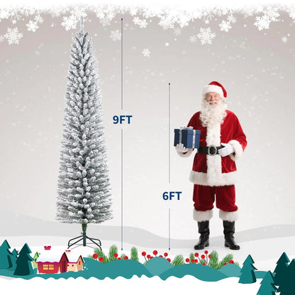 Slim 6/7.5/9FT Pre-Lit Snow Flocked Pencil Christmas Tree