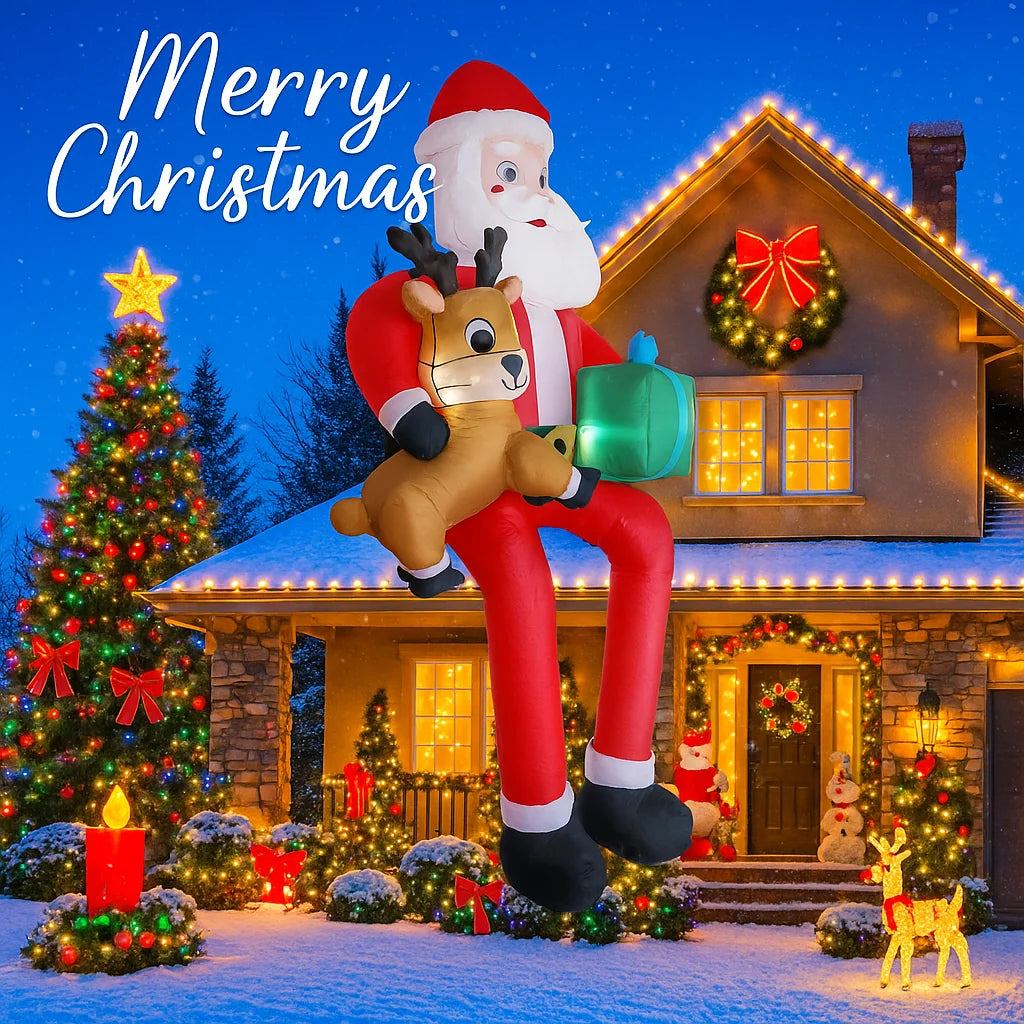 9.5FT Inflatable Santa with Reindeer & Gifts - LED-Lit Outdoor Yard Blow-Up