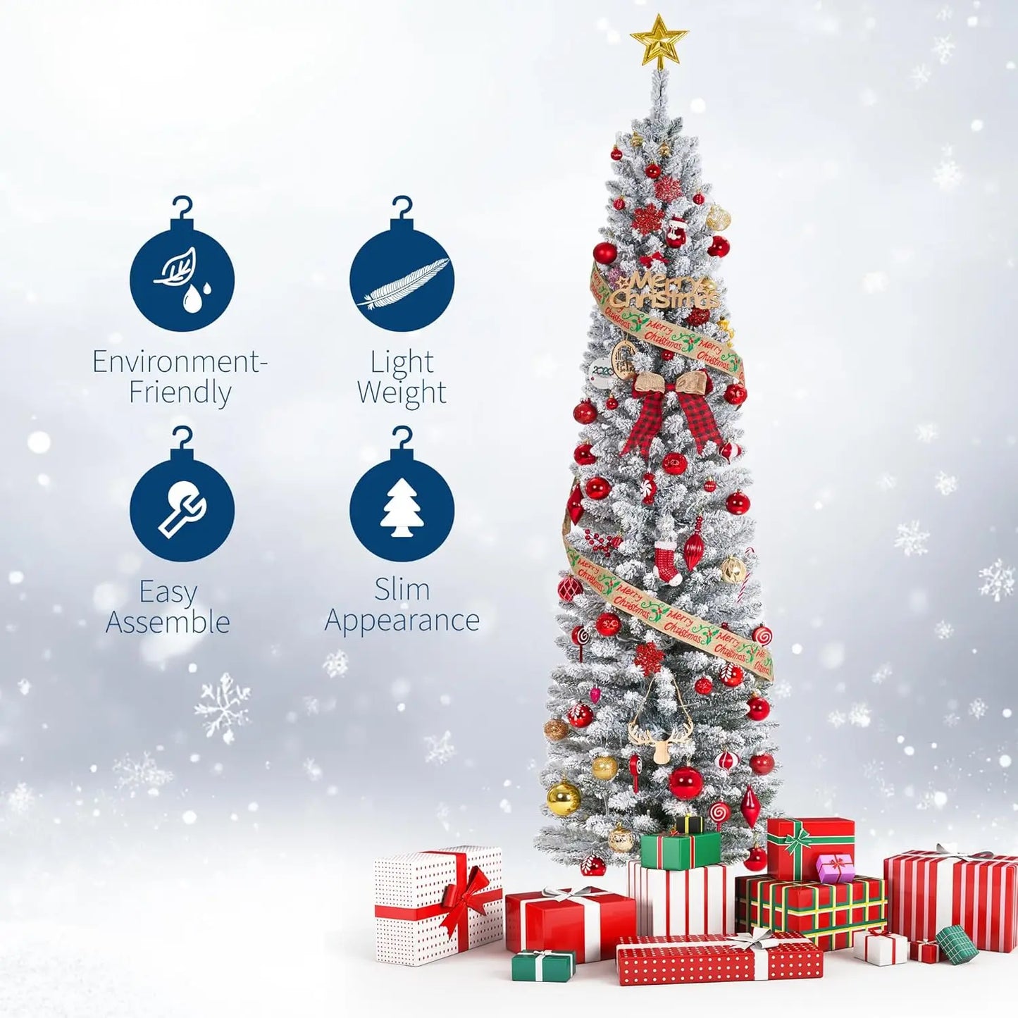 Slim 6/7.5/9FT Pre-Lit Snow Flocked Pencil Christmas Tree