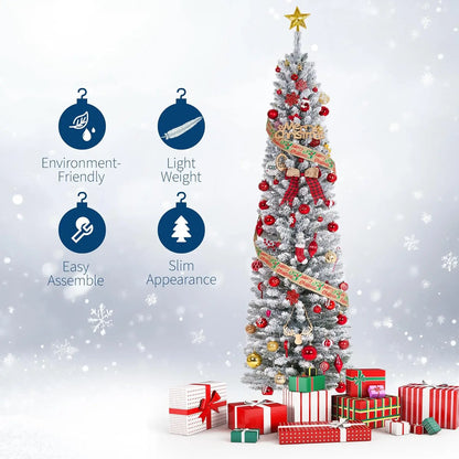Slim 6/7.5/9FT Pre-Lit Snow Flocked Pencil Christmas Tree