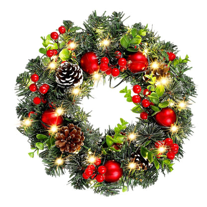 Festive LED Christmas Wreath with 20 Warm Lights & Red Berries