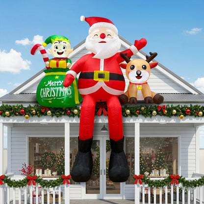 8FT Inflatable Sitting Santa with Elves & Reindeer - LED-Lit Outdoor Blow-Up
