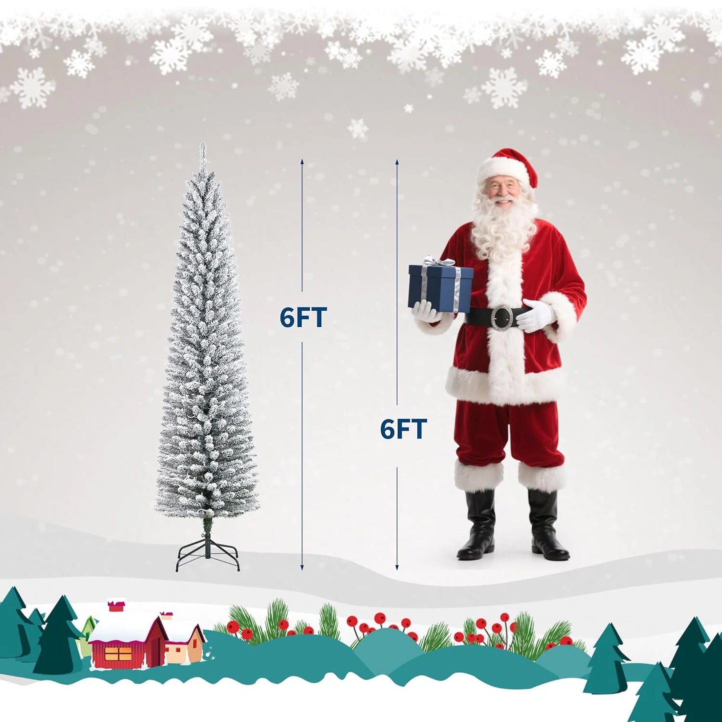 Slim 6/7.5/9FT Pre-Lit Snow Flocked Pencil Christmas Tree