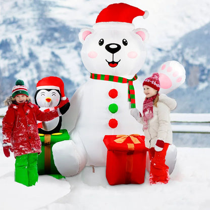 6FT Inflatable Polar Bear & Penguin with Gifts - LED-Lit Outdoor Blow-Up