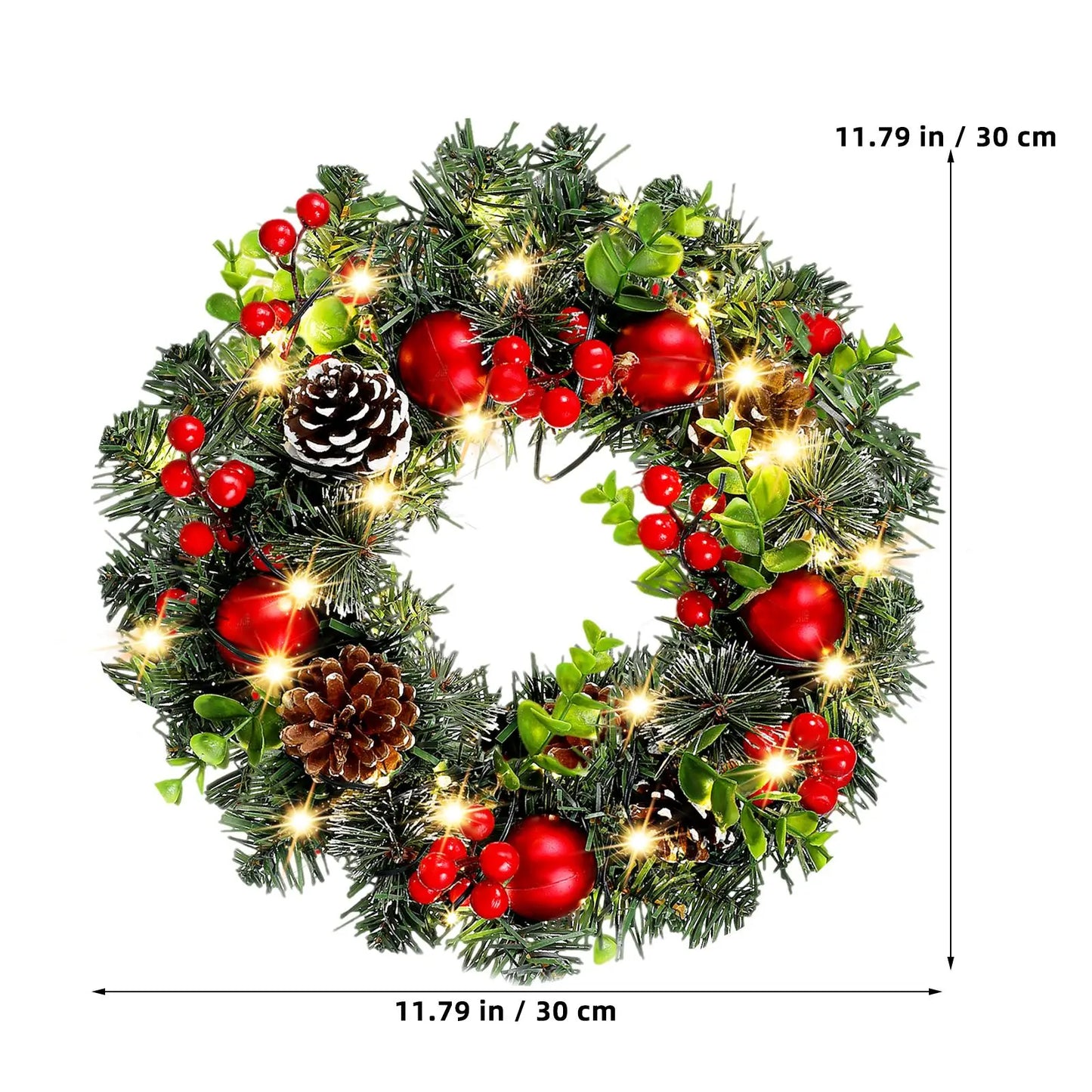 Festive LED Christmas Wreath with 20 Warm Lights & Red Berries