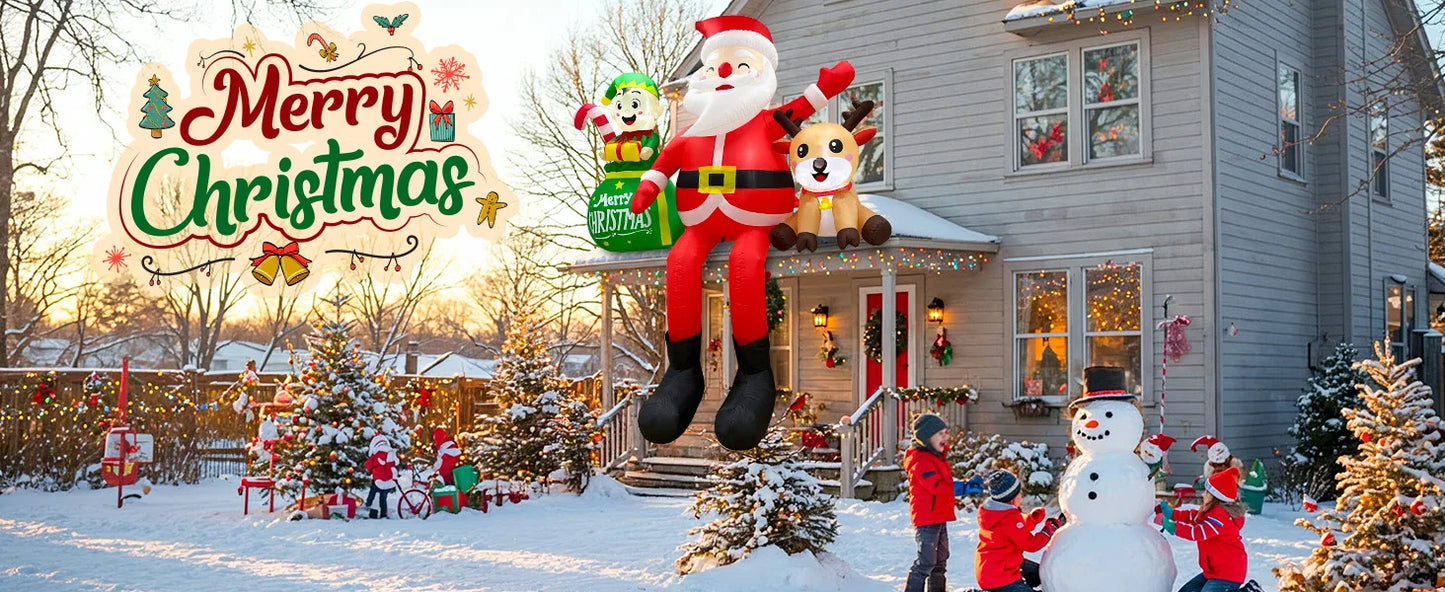 8FT Inflatable Sitting Santa with Elves & Reindeer - LED-Lit Outdoor Blow-Up