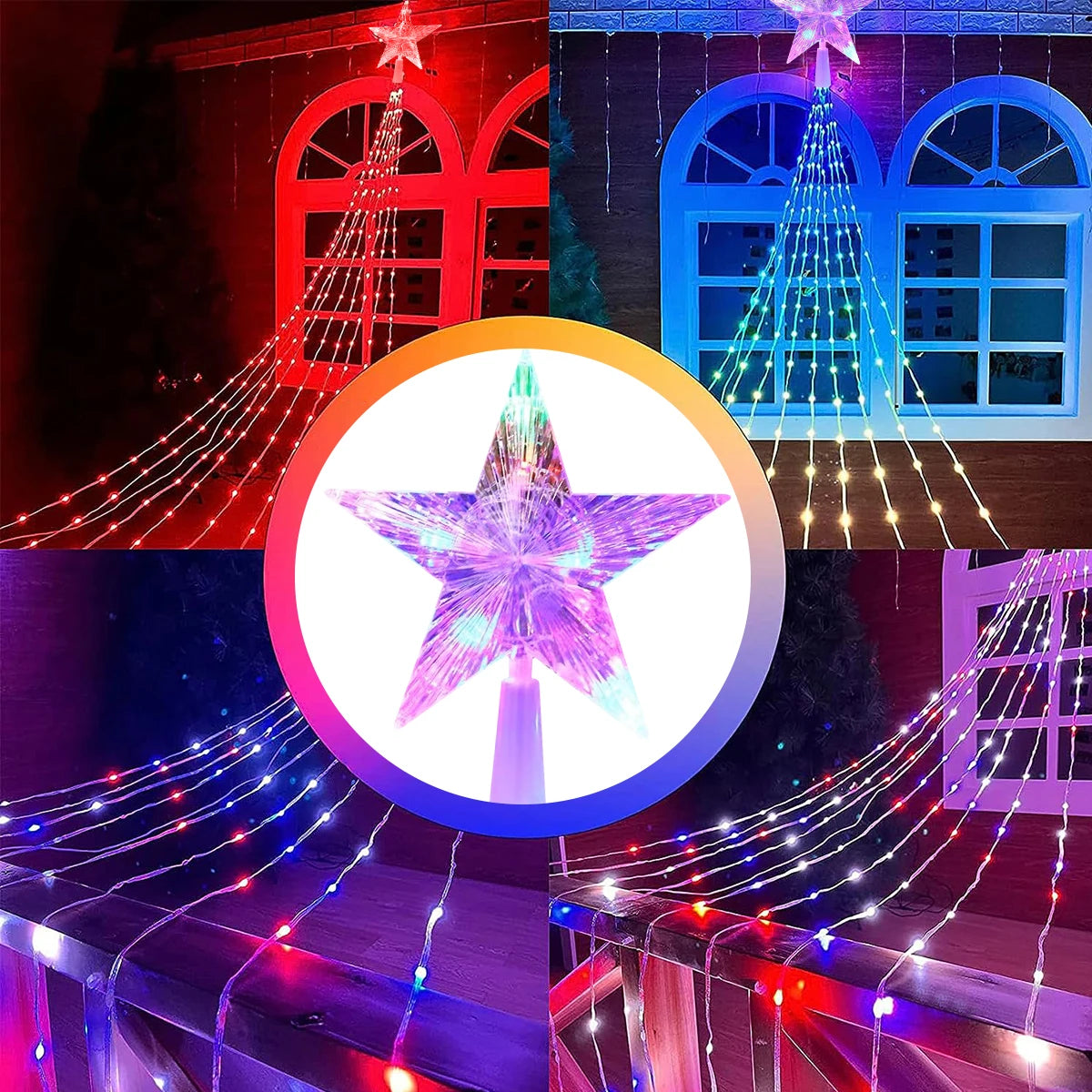Pentagram LED Waterfall String Lights - USB-Powered Star Top Christmas Tree