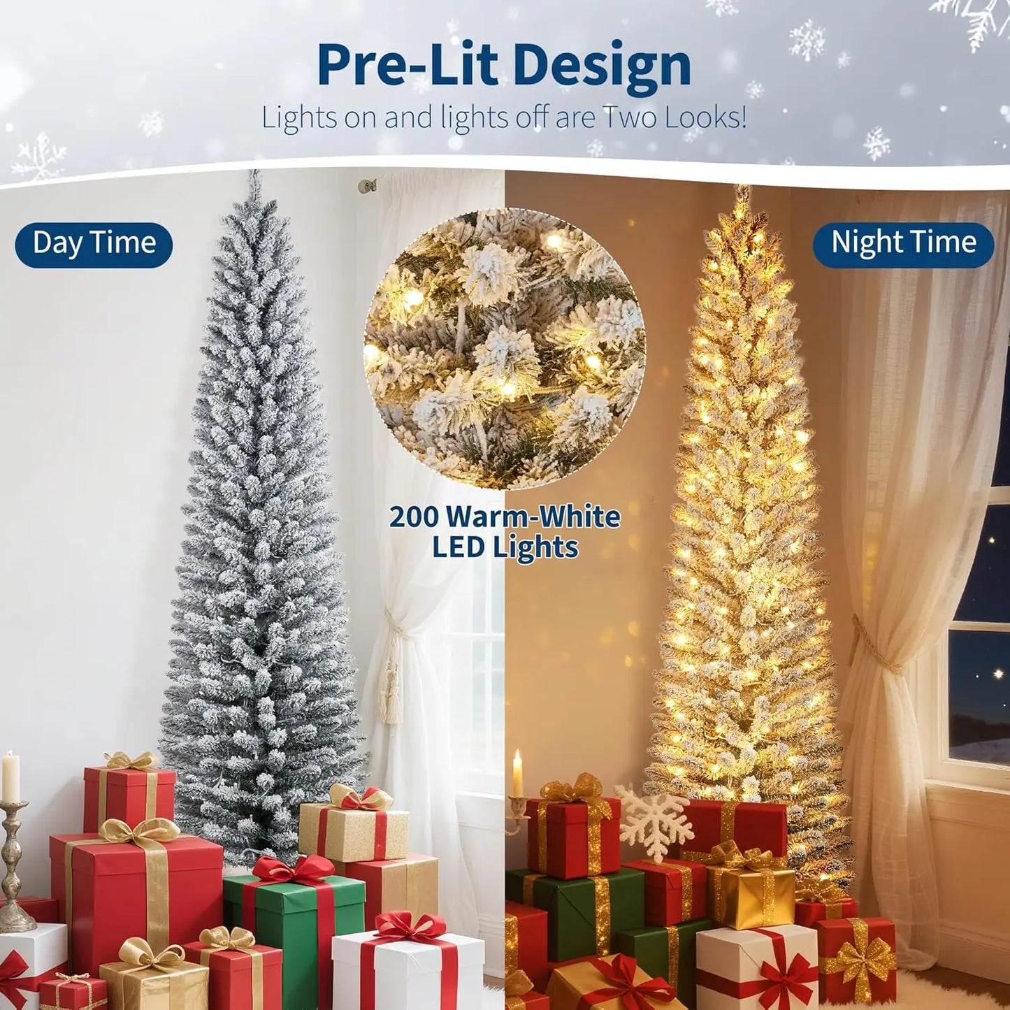 Slim 6/7.5/9FT Pre-Lit Snow Flocked Pencil Christmas Tree