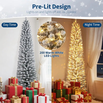 Slim 6/7.5/9FT Pre-Lit Snow Flocked Pencil Christmas Tree