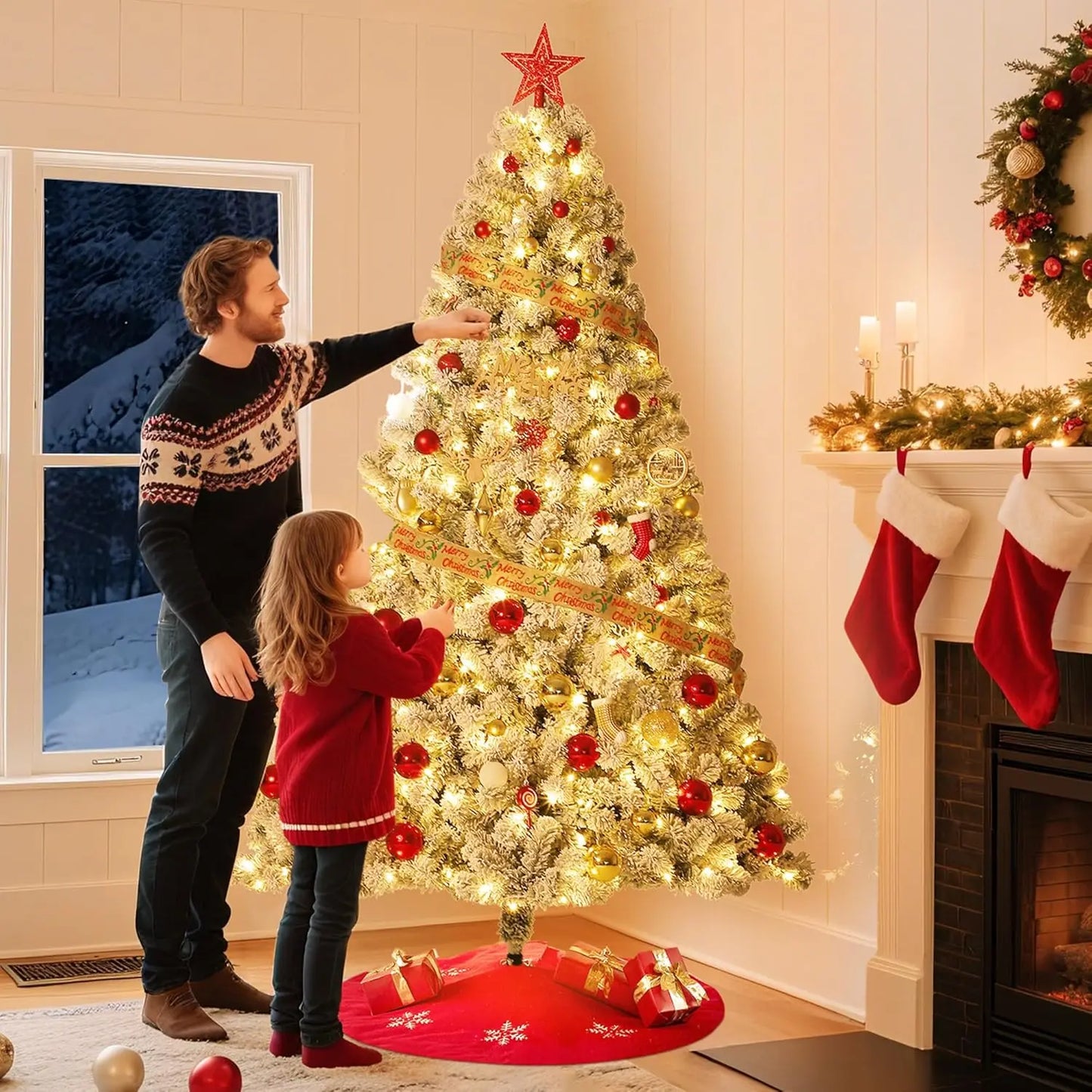 9FT/7.5FT/6FT/4.5FT Prelit Flocked Artificial Christmas Tree - 450 Warm White LEDs, Snow-Kissed Branches