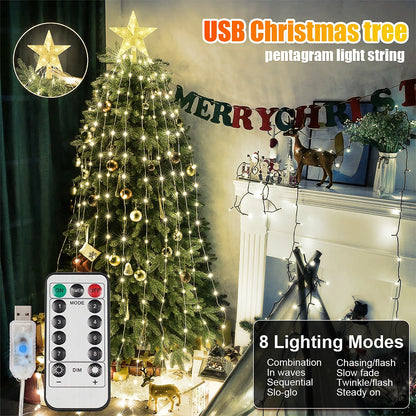 Pentagram LED Waterfall String Lights - USB-Powered Star Top Christmas Tree