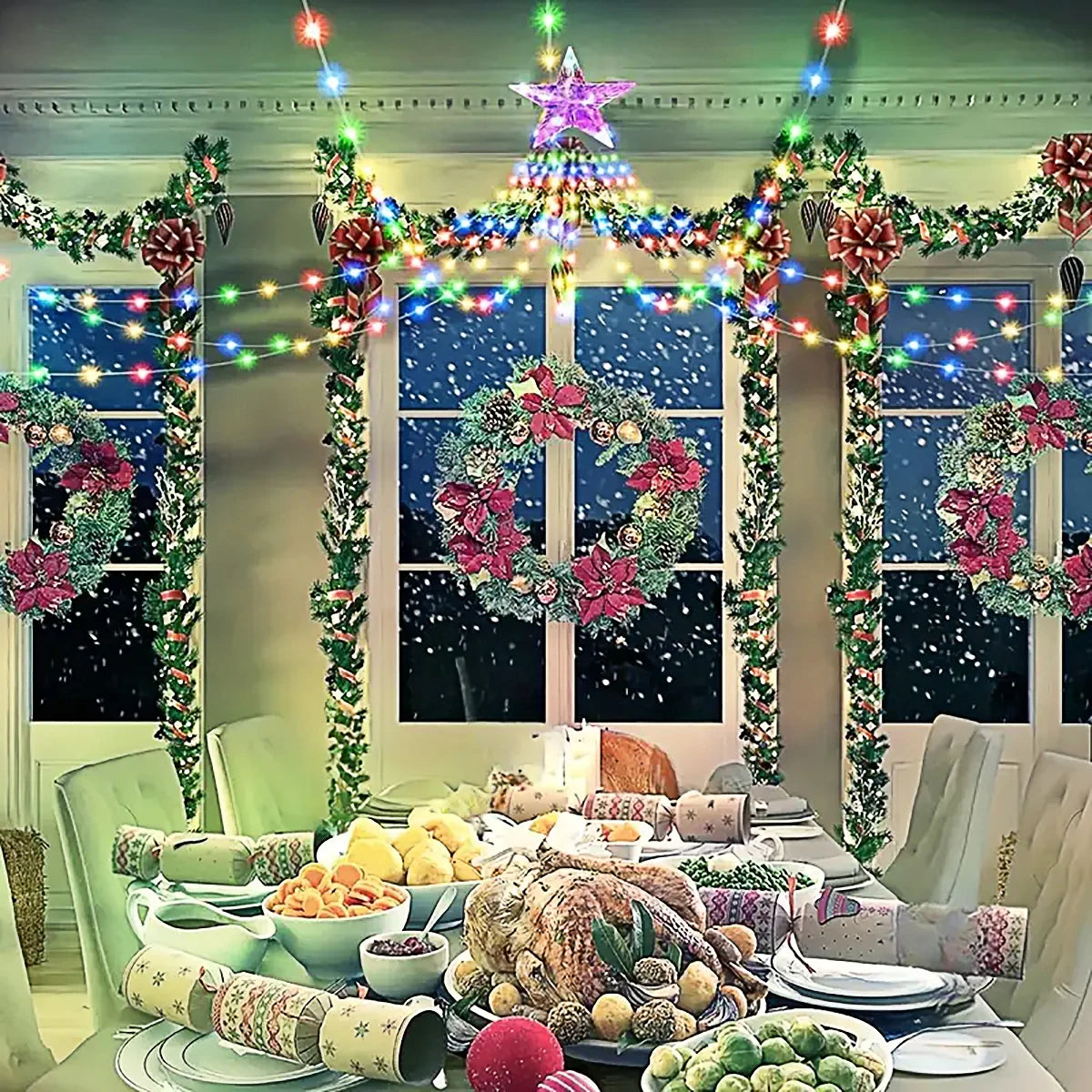 Pentagram LED Waterfall String Lights - USB-Powered Star Top Christmas Tree