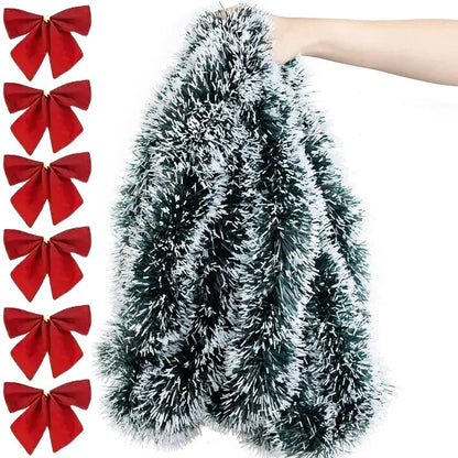 Festive Green Tinsel Bow Ribbon Garland