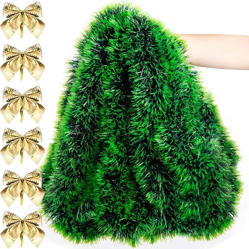 Festive Green Tinsel Bow Ribbon Garland