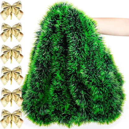 Festive Green Tinsel Bow Ribbon Garland