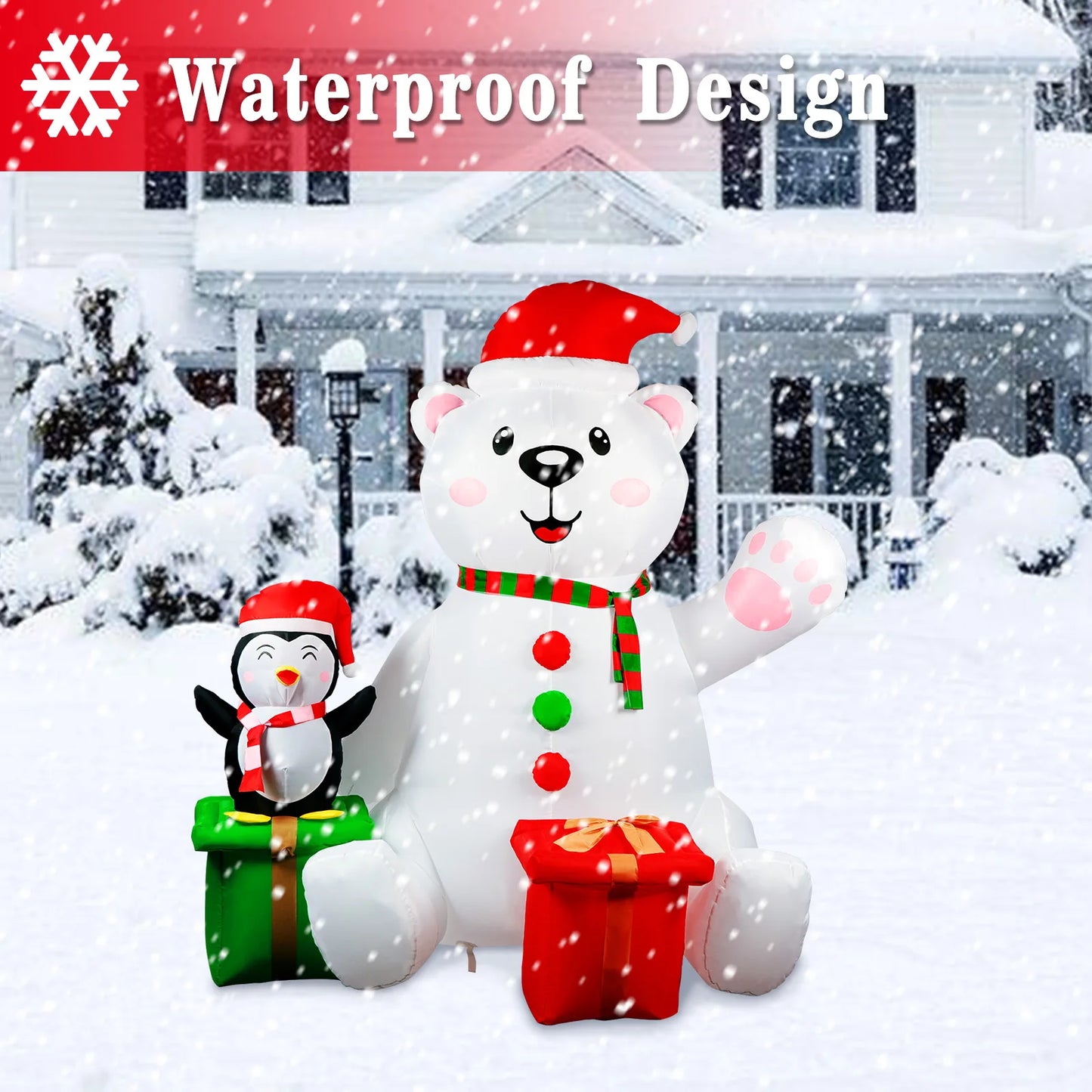6FT Inflatable Polar Bear & Penguin with Gifts - LED-Lit Outdoor Blow-Up