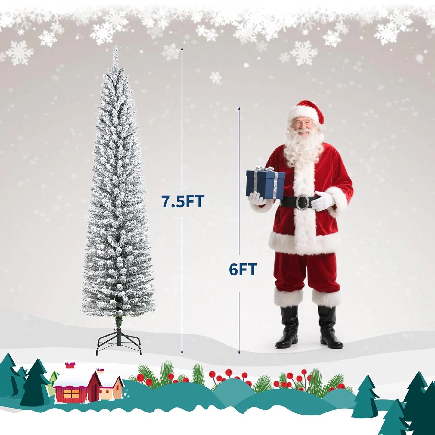 Slim 6/7.5/9FT Pre-Lit Snow Flocked Pencil Christmas Tree