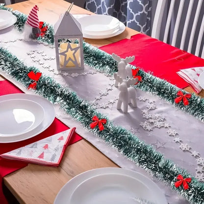 Festive Green Tinsel Bow Ribbon Garland