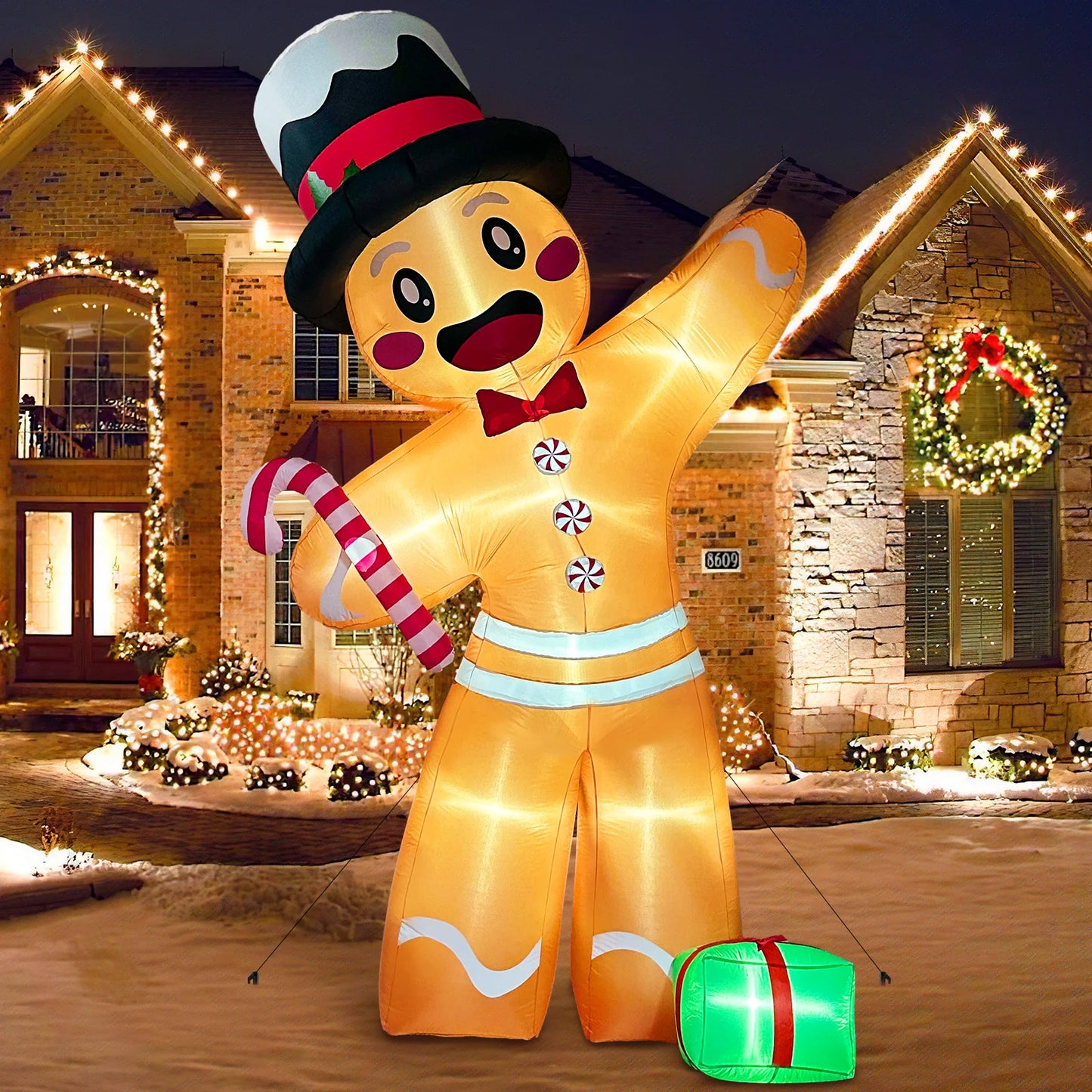 12FT Giant Gingerbread Man Inflatable - LED-Lit Outdoor Blow-Up