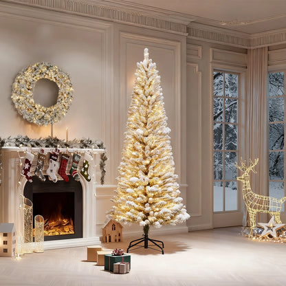 Slim 6/7.5/9FT Pre-Lit Snow Flocked Pencil Christmas Tree