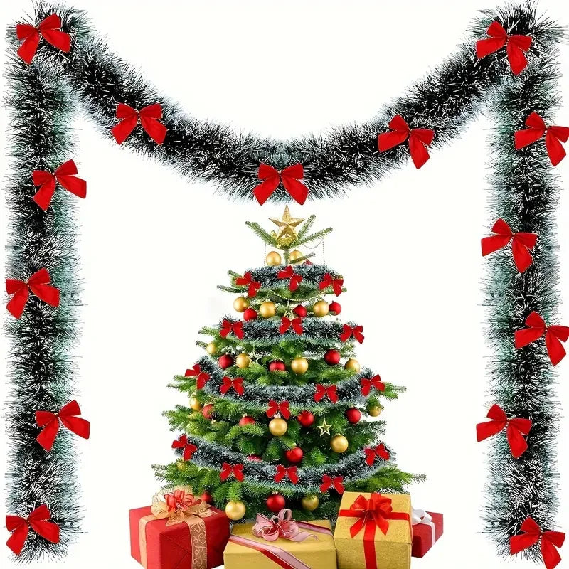 Festive Green Tinsel Bow Ribbon Garland