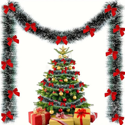 Festive Green Tinsel Bow Ribbon Garland