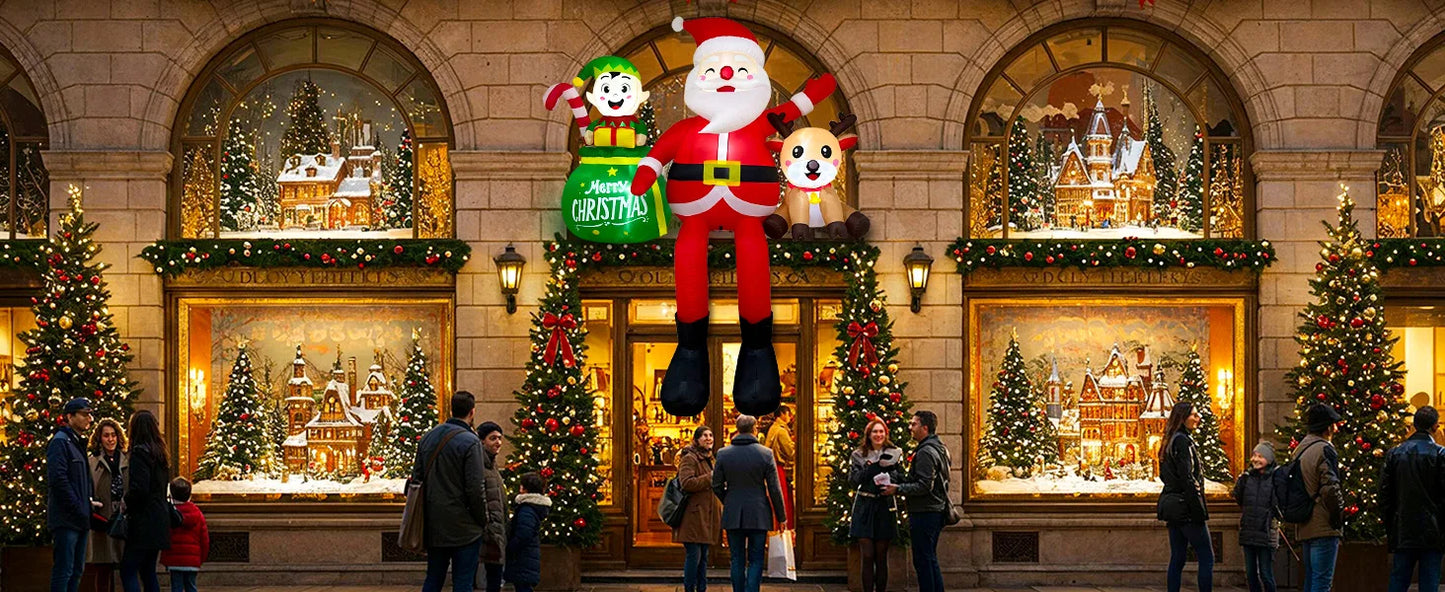 8FT Inflatable Sitting Santa with Elves & Reindeer - LED-Lit Outdoor Blow-Up
