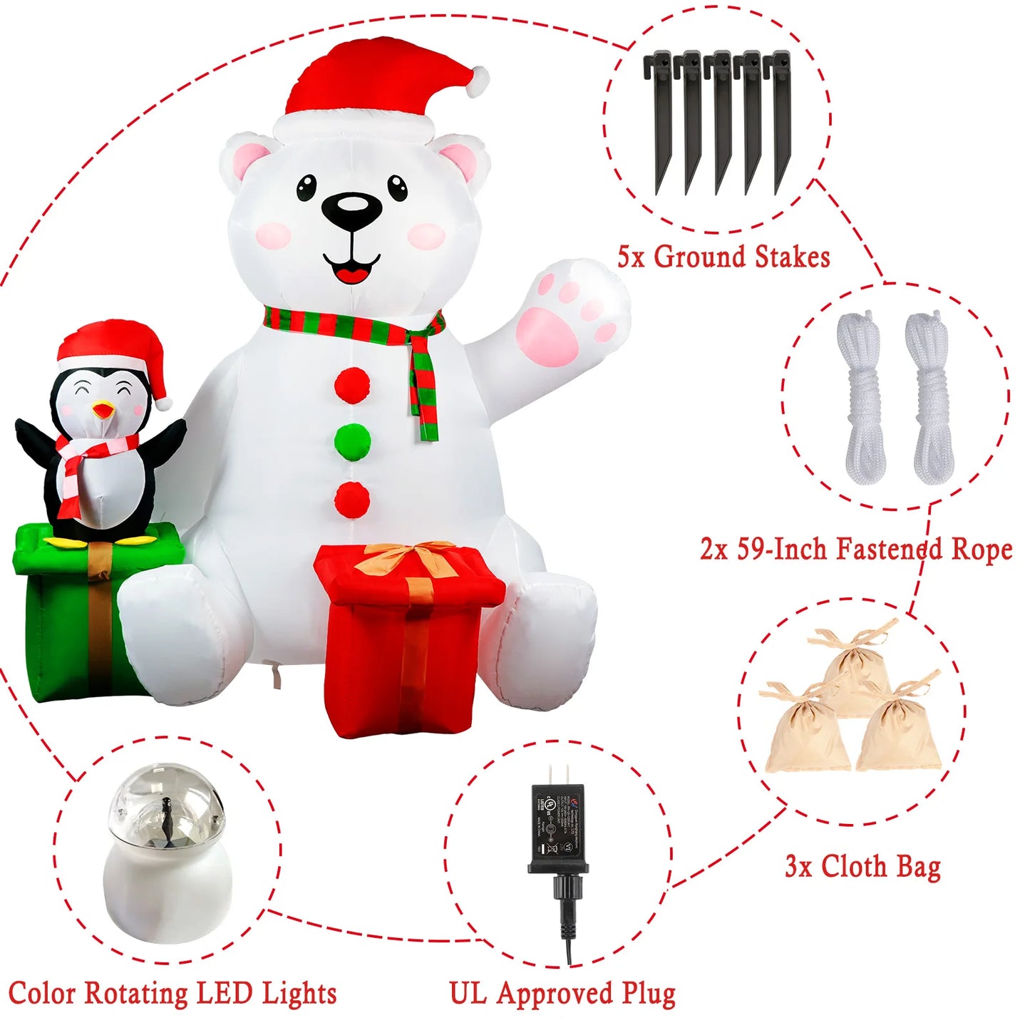 6FT Inflatable Polar Bear & Penguin with Gifts - LED-Lit Outdoor Blow-Up