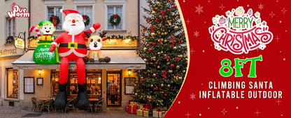 8FT Inflatable Sitting Santa with Elves & Reindeer - LED-Lit Outdoor Blow-Up