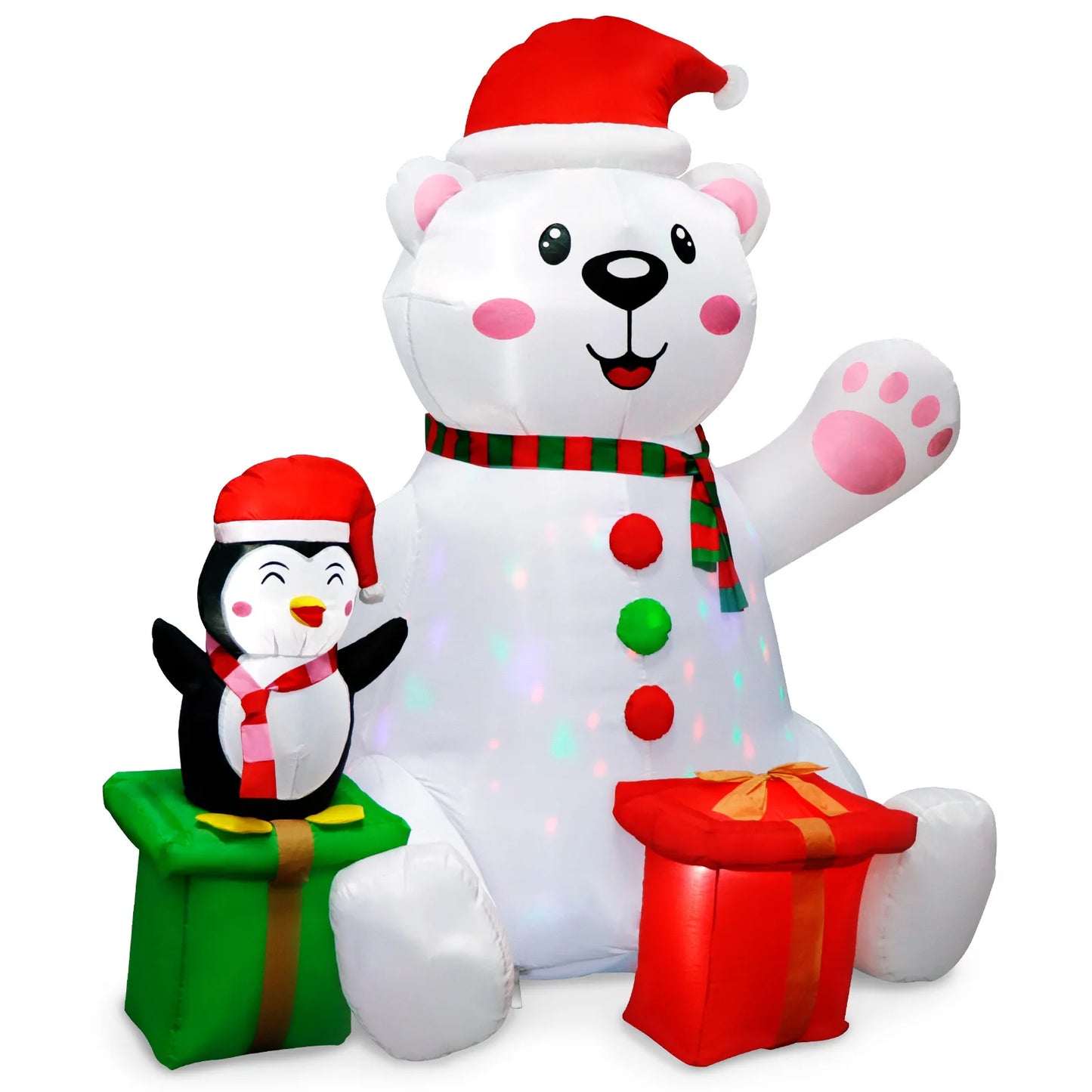 6FT Inflatable Polar Bear & Penguin with Gifts - LED-Lit Outdoor Blow-Up