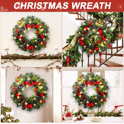 Festive LED Christmas Wreath with 20 Warm Lights & Red Berries