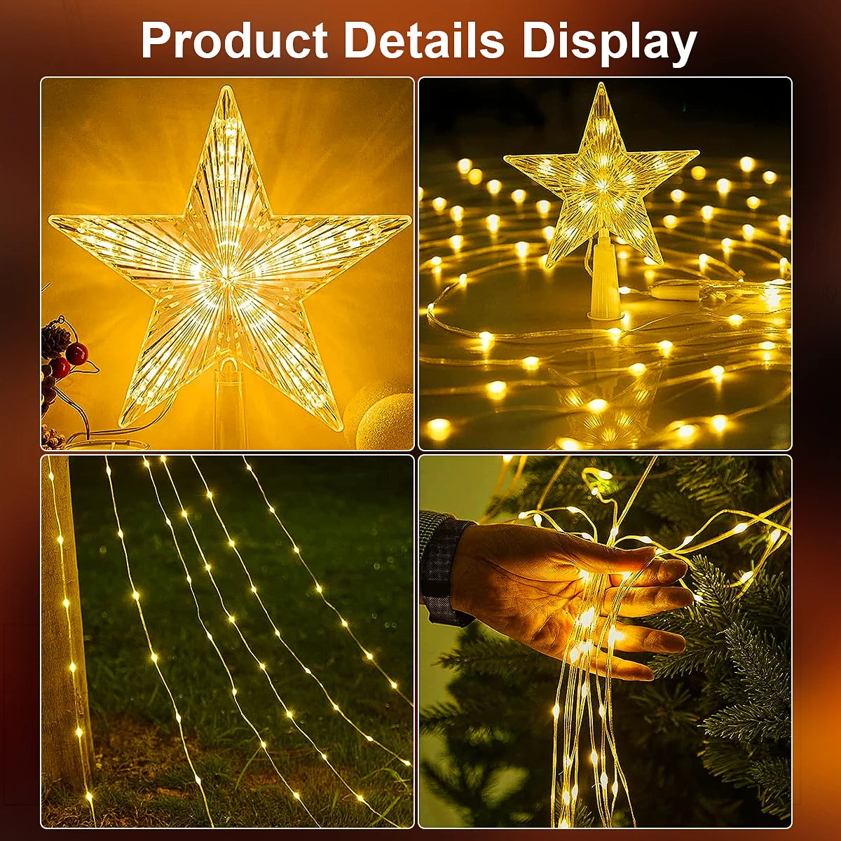 Pentagram LED Waterfall String Lights - USB-Powered Star Top Christmas Tree