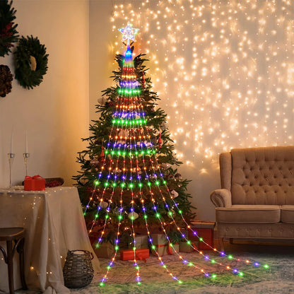 Pentagram LED Waterfall String Lights - USB-Powered Star Top Christmas Tree