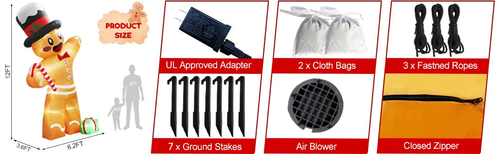 12FT Giant Gingerbread Man Inflatable - LED-Lit Outdoor Blow-Up