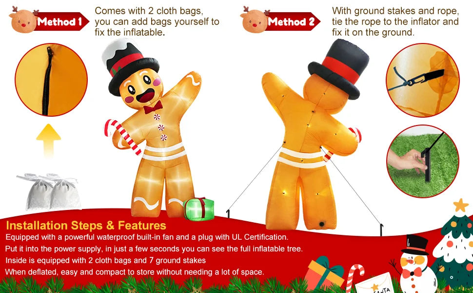 12FT Giant Gingerbread Man Inflatable - LED-Lit Outdoor Blow-Up