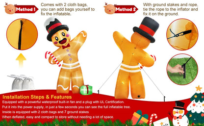 12FT Giant Gingerbread Man Inflatable - LED-Lit Outdoor Blow-Up