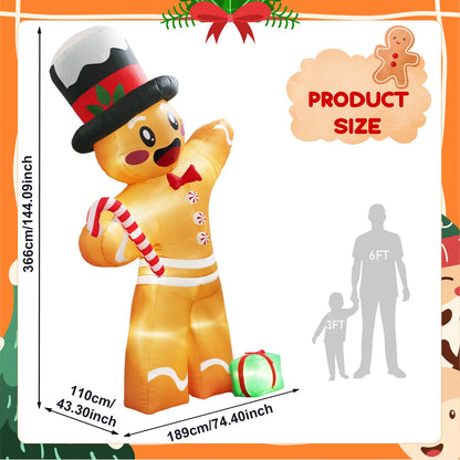 12FT Giant Gingerbread Man Inflatable - LED-Lit Outdoor Blow-Up