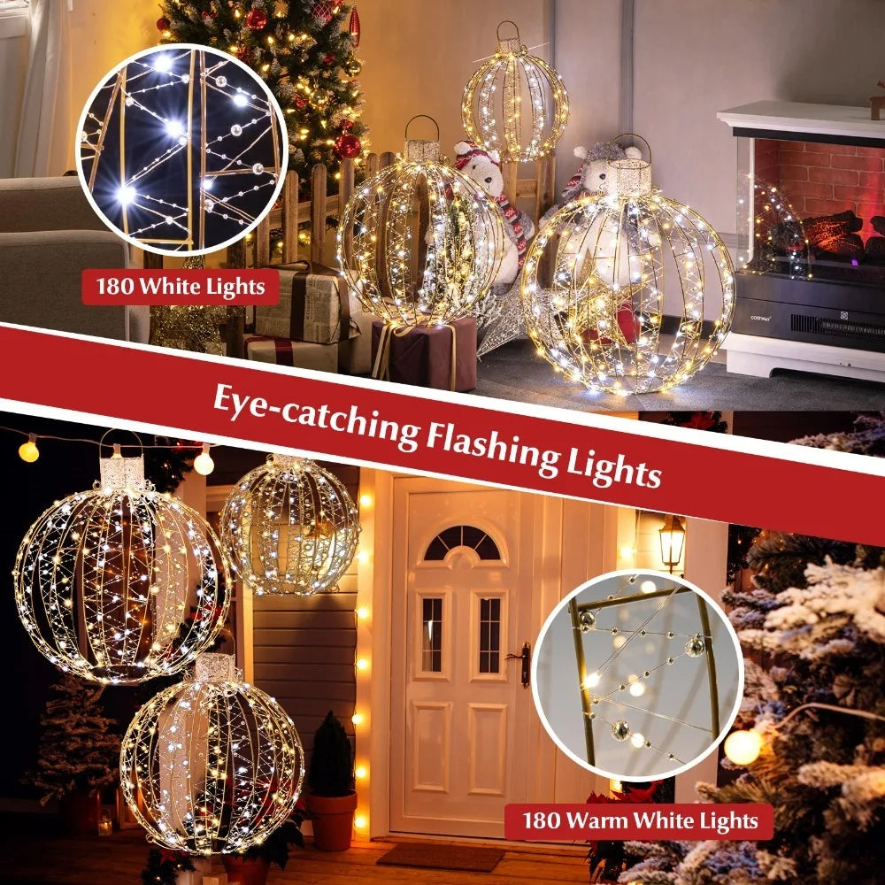 3 Twinkling LED Christmas Globe Light Balls - 360 Warm & White Lights for Festive Glow