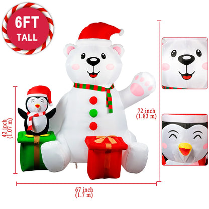 6FT Inflatable Polar Bear & Penguin with Gifts - LED-Lit Outdoor Blow-Up