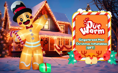 12FT Giant Gingerbread Man Inflatable - LED-Lit Outdoor Blow-Up