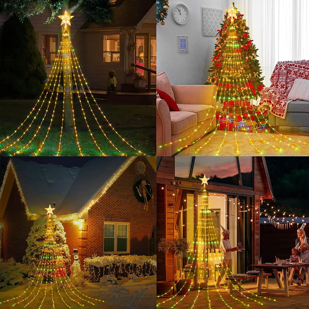 Pentagram LED Waterfall String Lights - USB-Powered Star Top Christmas Tree