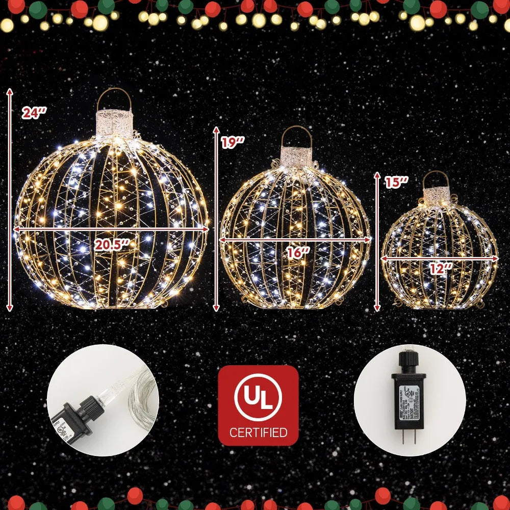 3 Twinkling LED Christmas Globe Light Balls - 360 Warm & White Lights for Festive Glow
