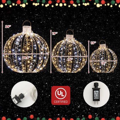 3 Twinkling LED Christmas Globe Light Balls - 360 Warm & White Lights for Festive Glow