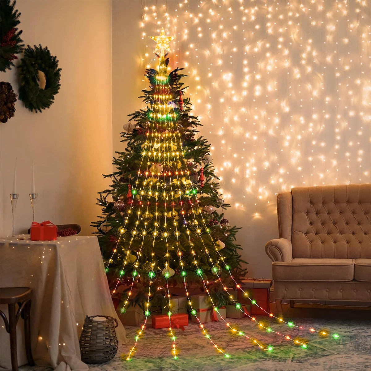 Pentagram LED Waterfall String Lights - USB-Powered Star Top Christmas Tree