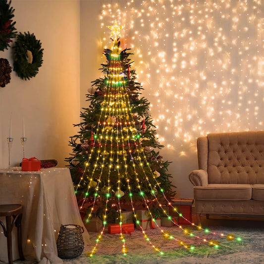 Pentagram LED Waterfall String Lights - USB-Powered Star Top Christmas Tree