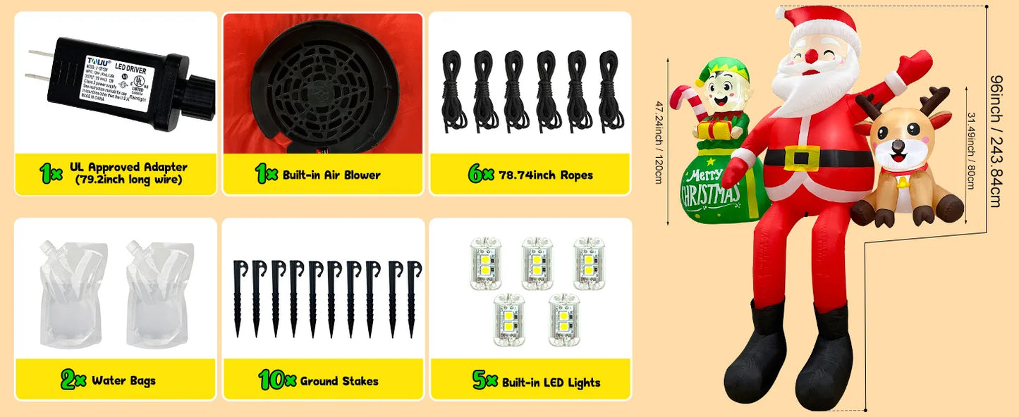 8FT Inflatable Sitting Santa with Elves & Reindeer - LED-Lit Outdoor Blow-Up