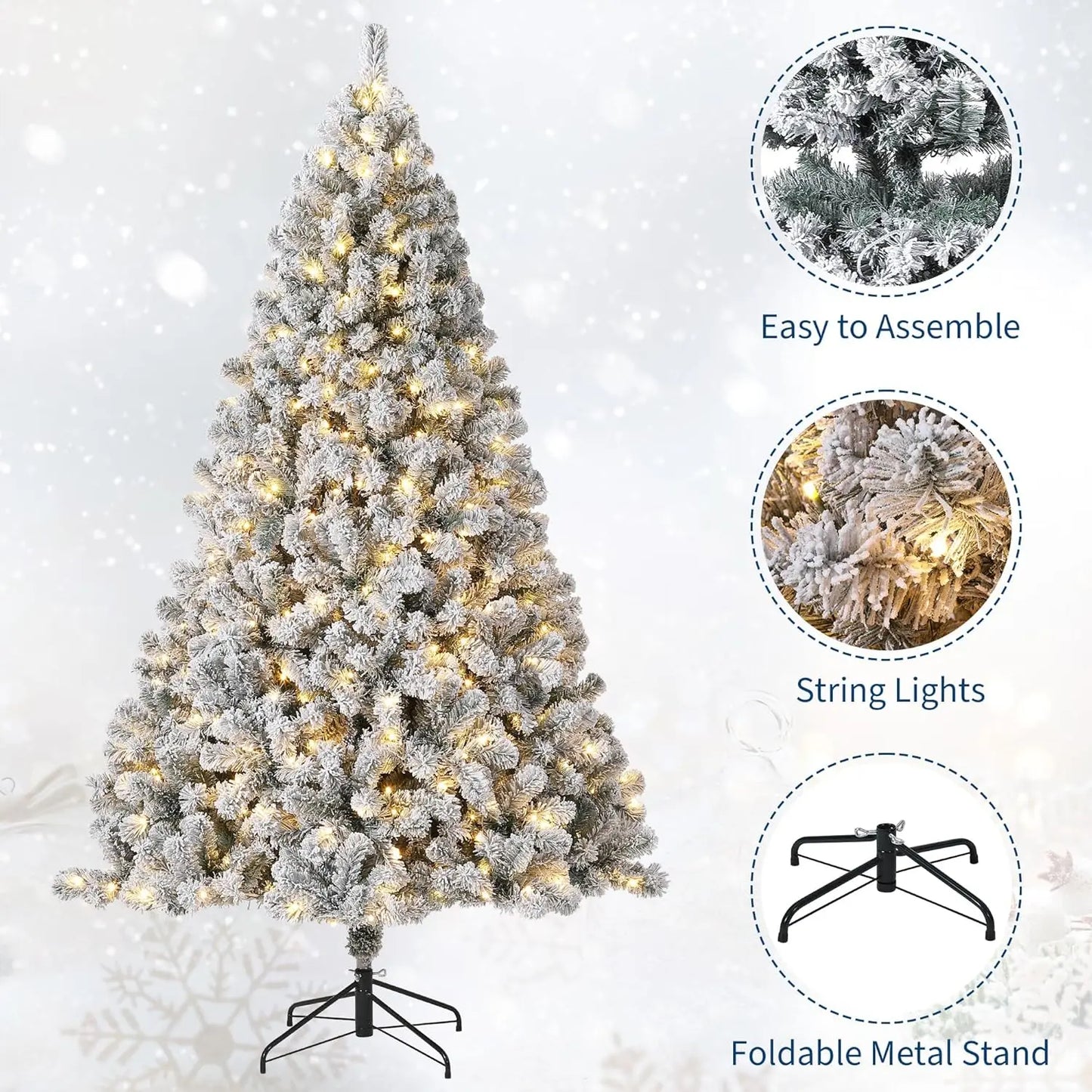 9FT/7.5FT/6FT/4.5FT Prelit Flocked Artificial Christmas Tree - 450 Warm White LEDs, Snow-Kissed Branches
