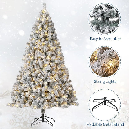 9FT/7.5FT/6FT/4.5FT Prelit Flocked Artificial Christmas Tree - 450 Warm White LEDs, Snow-Kissed Branches